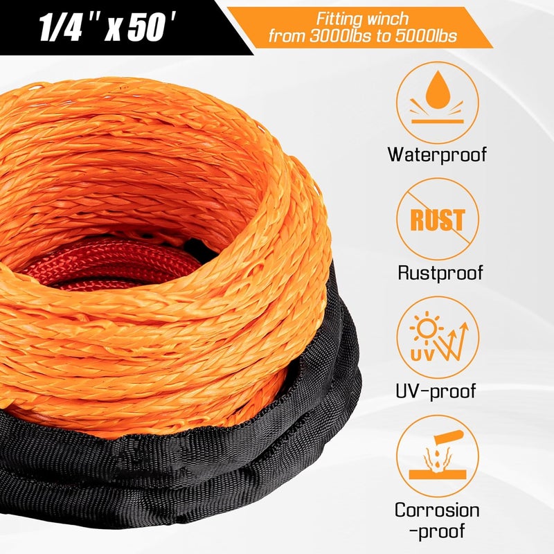 AUTODUNK Synthetic Winch Rope - 1/4" x 50ft 10,000LBS Winch Line with Protective Sleeve, Forged Winch Hook and Rubber Stopper, Synthetic Winch Cable for 4WD ATV UTV Offroad Vehicles Orange - Image 3